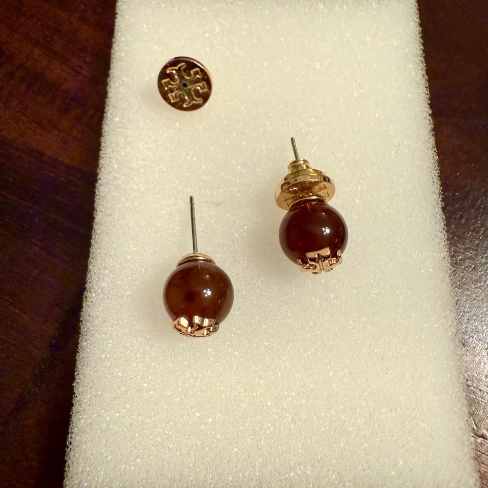 Tory Burch Gold and Brown Logo Stud Earrings - Picture 3 of 3